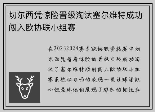 切尔西凭惊险晋级淘汰塞尔维特成功闯入欧协联小组赛 切尔西凭惊险晋级淘汰塞尔维特成功闯入欧协联小组赛
