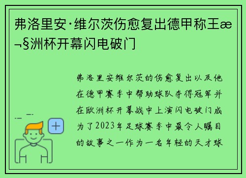 弗洛里安·维尔茨伤愈复出德甲称王欧洲杯开幕闪电破门 弗洛里安·维尔茨伤愈复出德甲称王欧洲杯开幕闪电破门